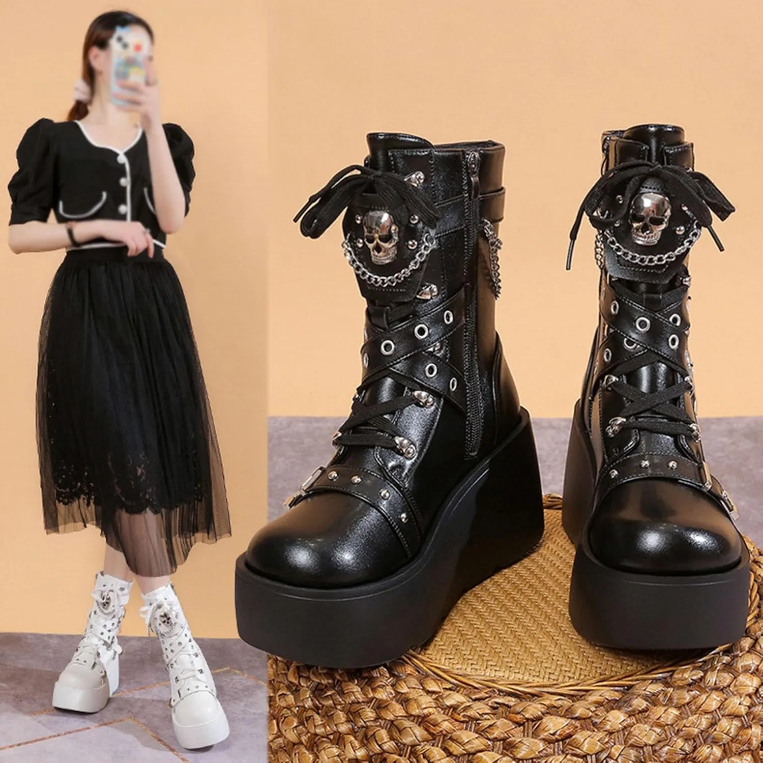 Women's Wedge Combat Boots Lace Up Ankle Booties Wedge Chunky Platform Boots Zipper Riding Motorcycle Boots