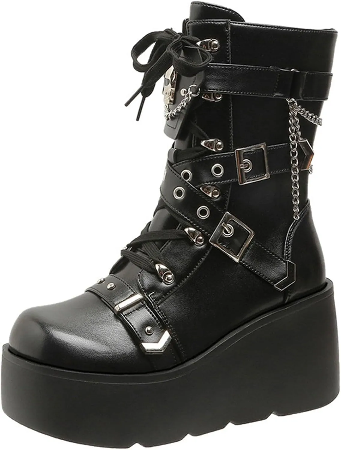 Women's Wedge Combat Boots Lace Up Ankle Booties Wedge Chunky Platform Boots Zipper Riding Motorcycle Boots