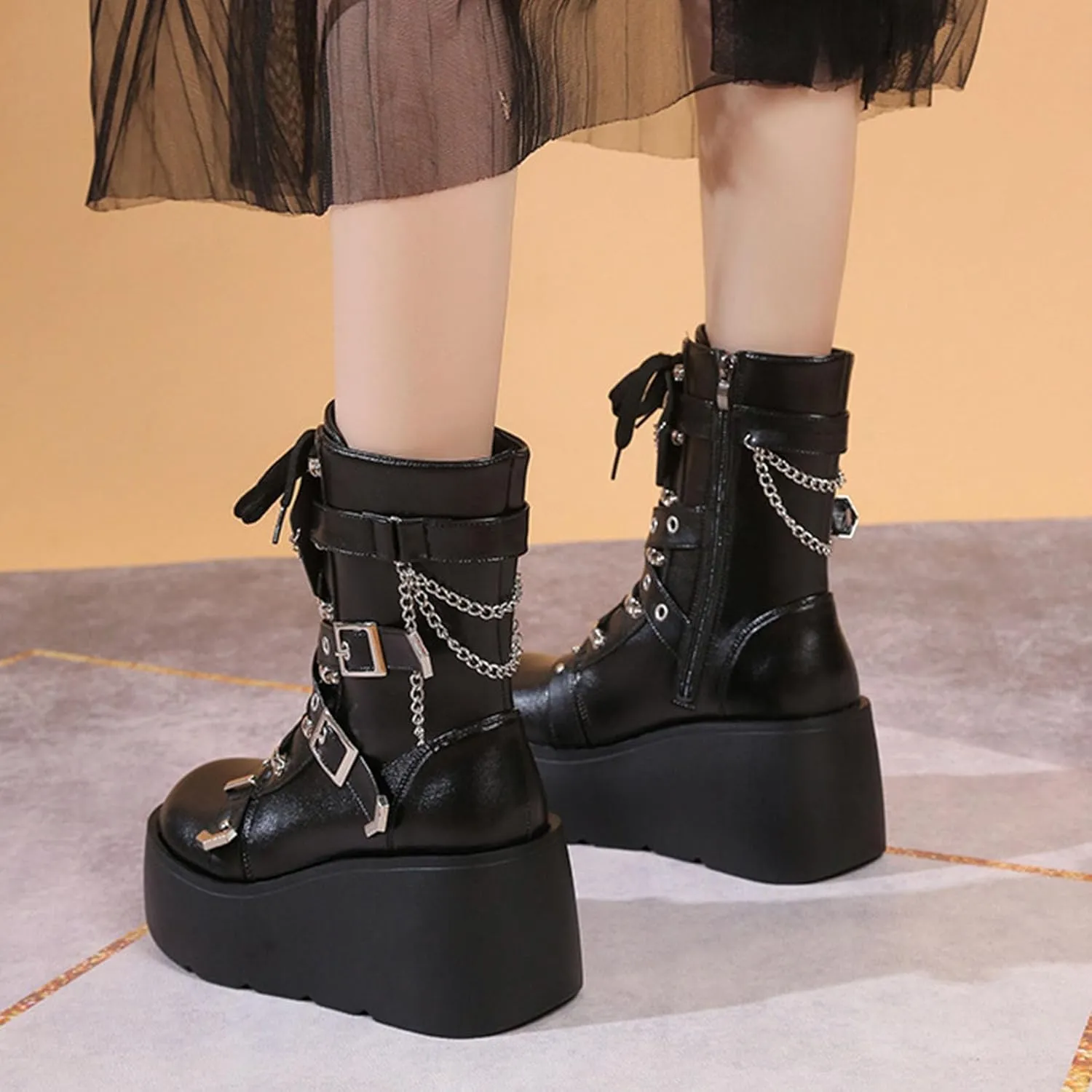 Women's Wedge Combat Boots Lace Up Ankle Booties Wedge Chunky Platform Boots Zipper Riding Motorcycle Boots