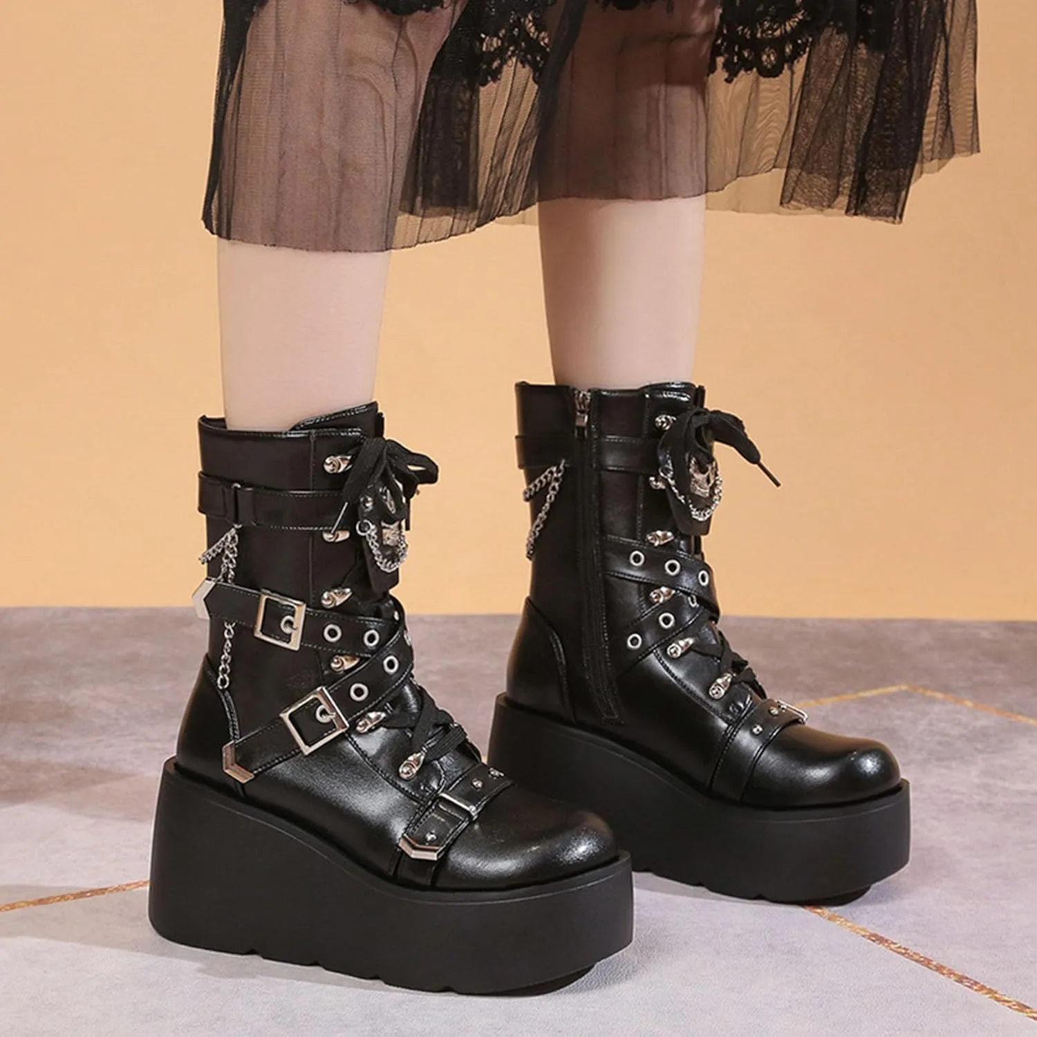 Women's Wedge Combat Boots Lace Up Ankle Booties Wedge Chunky Platform Boots Zipper Riding Motorcycle Boots
