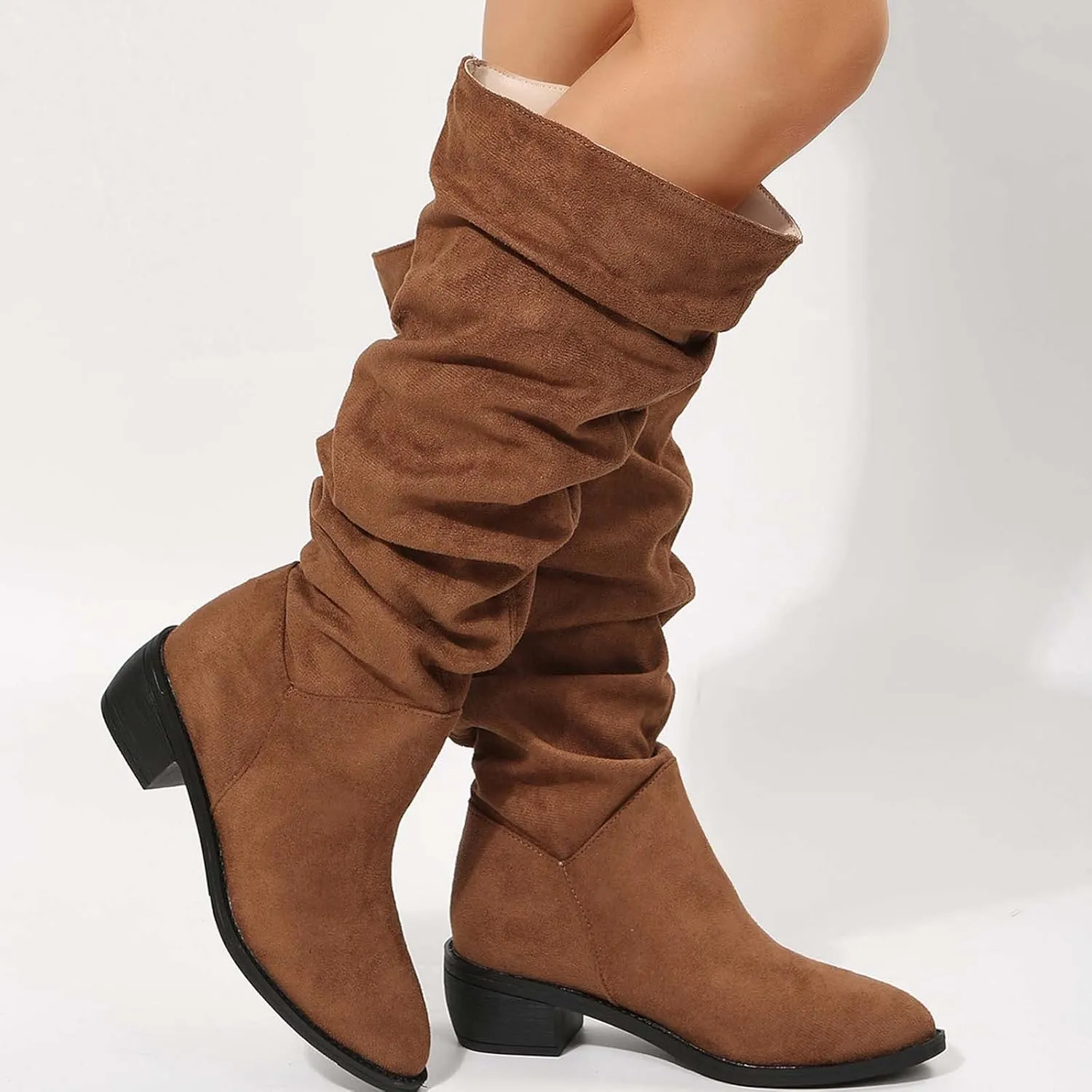 Women's Wide Calf Knee High Boots Chunky Block Heel Boots Comfortable Pull On Fall Weather Winter Riding Boots