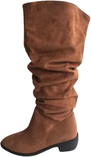 Women's Wide Calf Knee High Boots Chunky Block Heel Boots Comfortable Pull On Fall Weather Winter Riding Boots