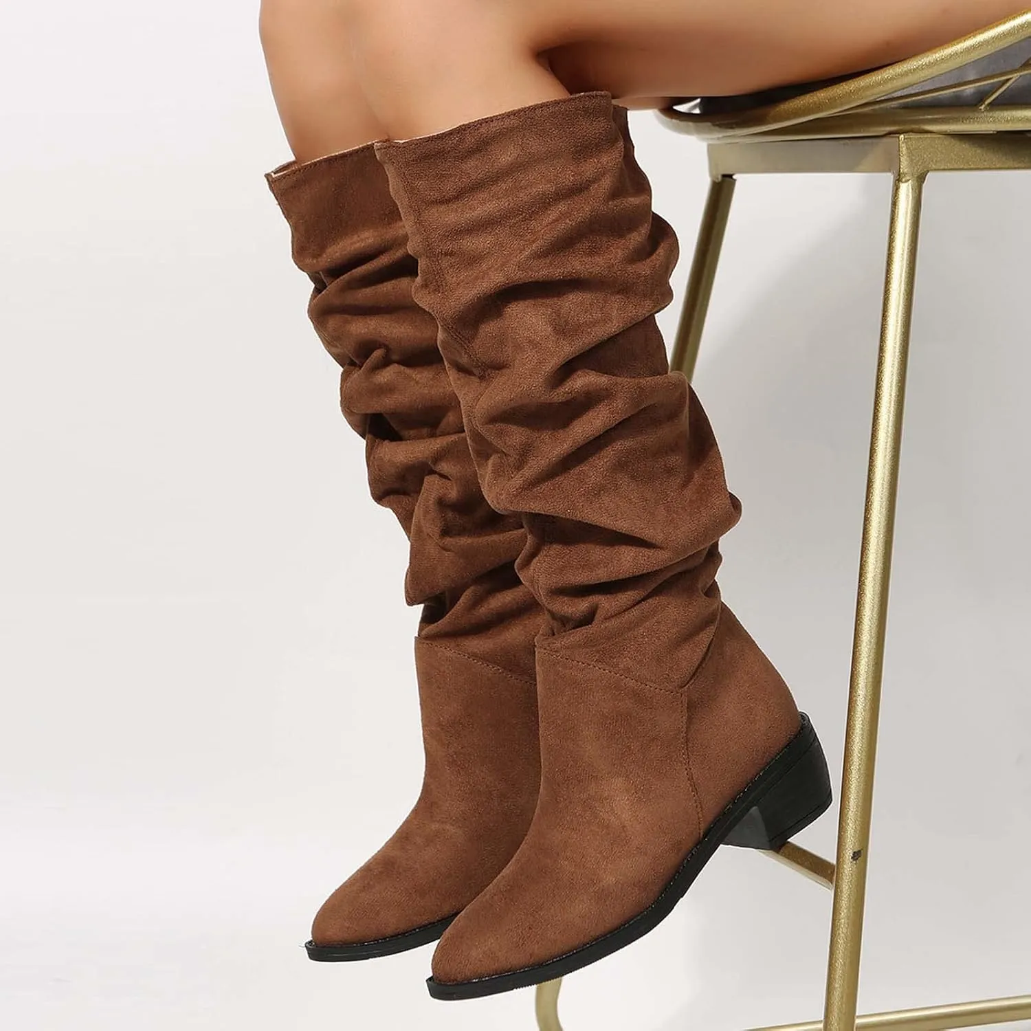 Women's Wide Calf Knee High Boots Chunky Block Heel Boots Comfortable Pull On Fall Weather Winter Riding Boots