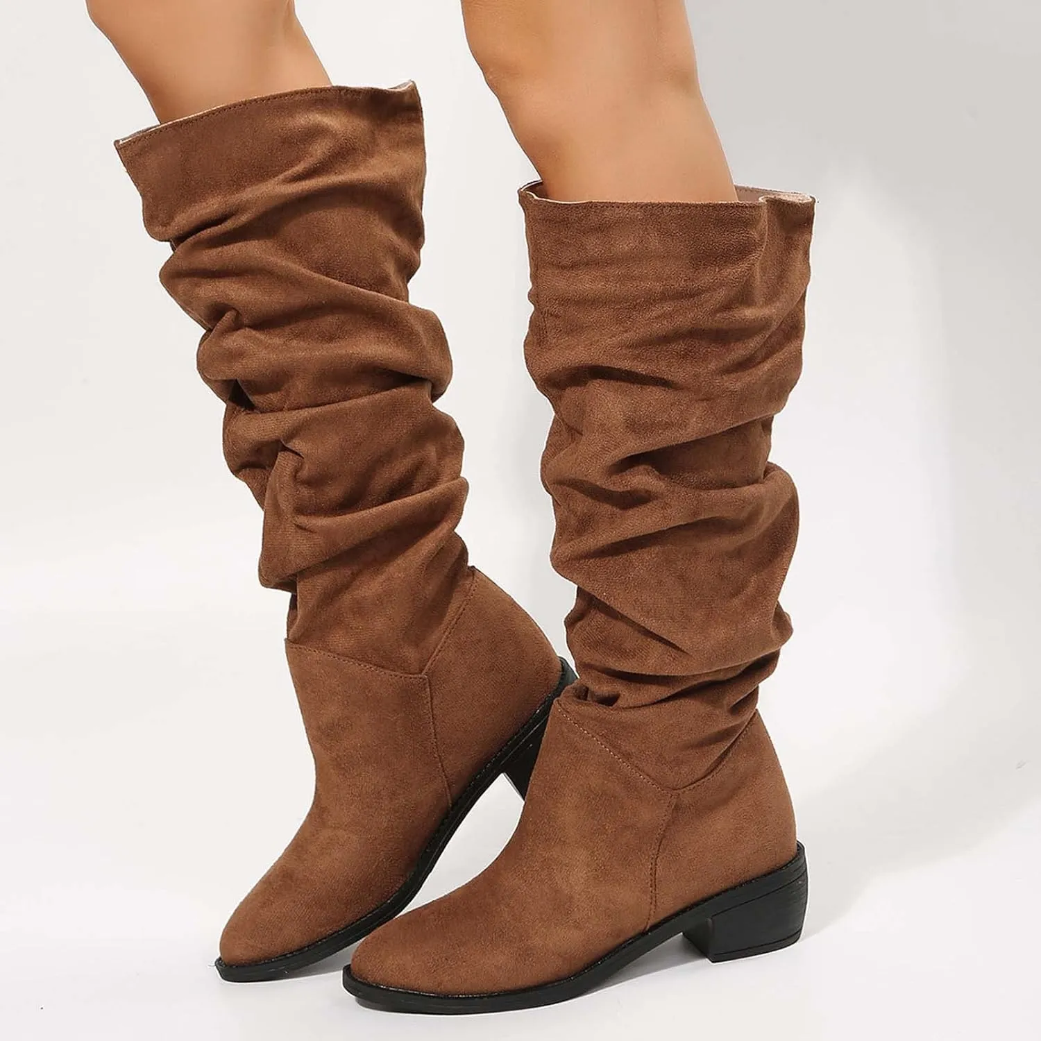 Women's Wide Calf Knee High Boots Chunky Block Heel Boots Comfortable Pull On Fall Weather Winter Riding Boots