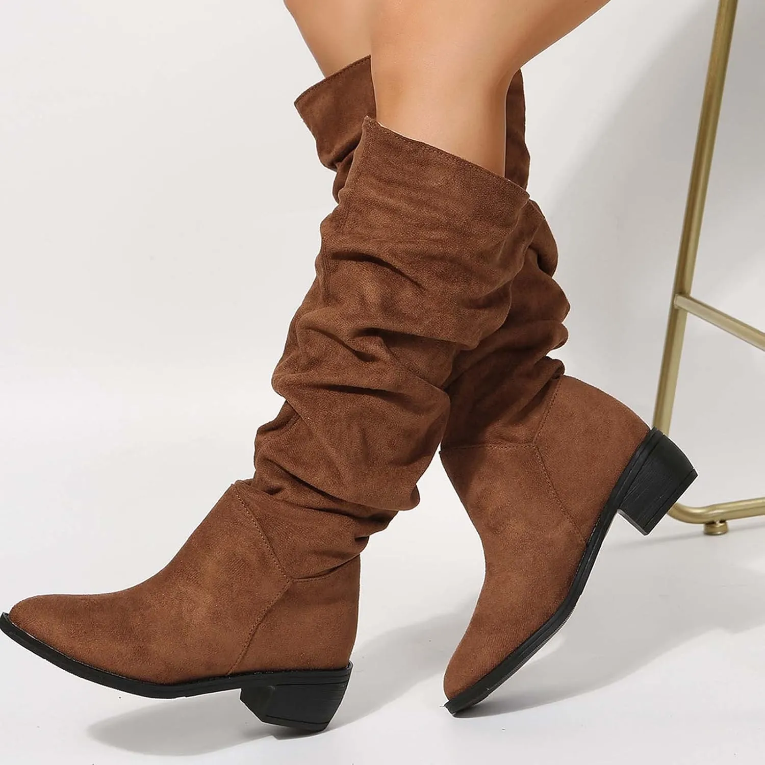 Women's Wide Calf Knee High Boots Chunky Block Heel Boots Comfortable Pull On Fall Weather Winter Riding Boots