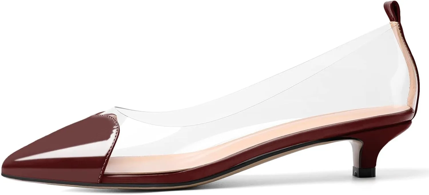 YODEKS Women Clear Heels Low Kitten Heel Pumps Slip On 1.5 Inch Pointed Cap Toe Dress Shoes