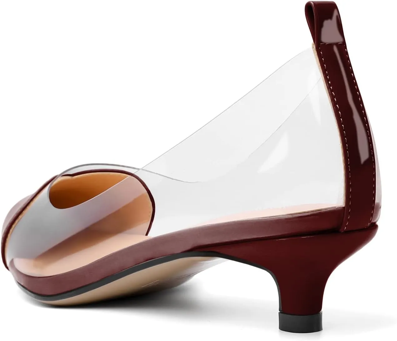 YODEKS Women Clear Heels Low Kitten Heel Pumps Slip On 1.5 Inch Pointed Cap Toe Dress Shoes