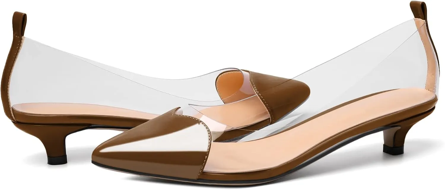 YODEKS Women Clear Heels Low Kitten Heel Pumps Slip On 1.5 Inch Pointed Cap Toe Dress Shoes