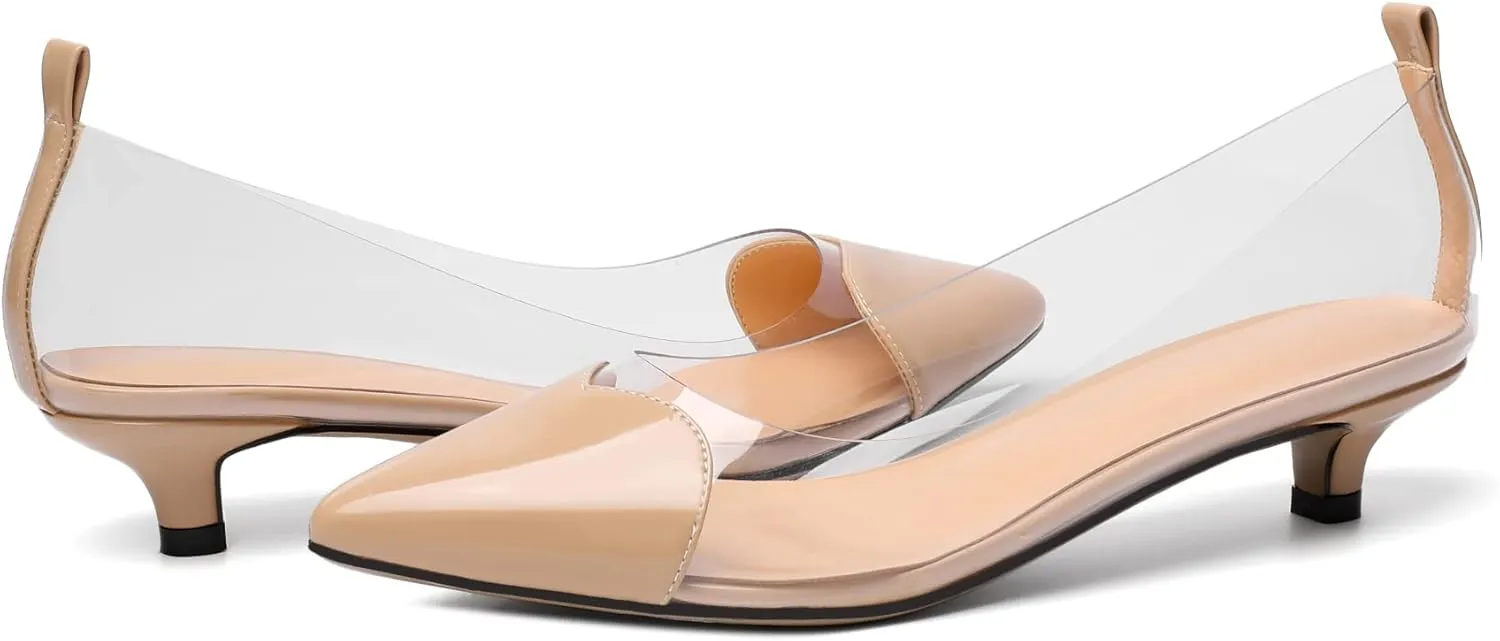 YODEKS Women Clear Heels Low Kitten Heel Pumps Slip On 1.5 Inch Pointed Cap Toe Dress Shoes