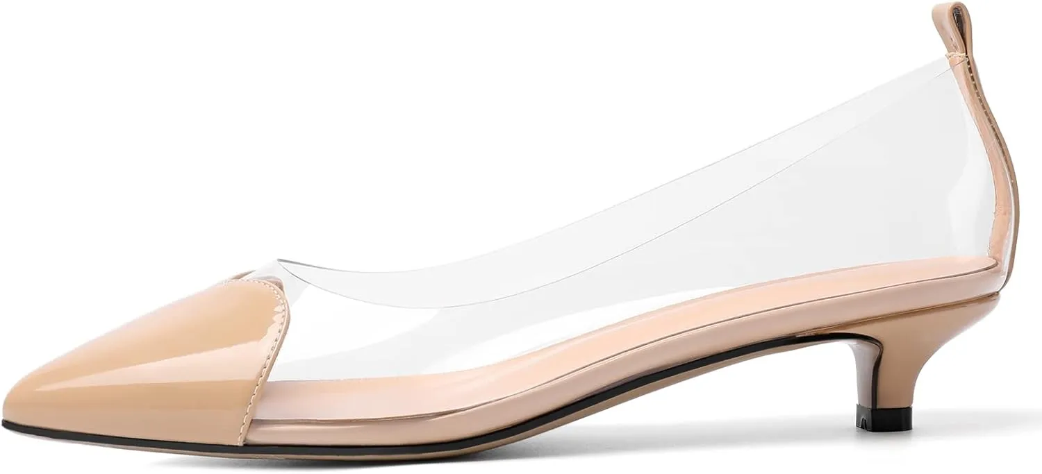 YODEKS Women Clear Heels Low Kitten Heel Pumps Slip On 1.5 Inch Pointed Cap Toe Dress Shoes