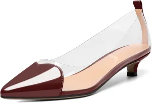 YODEKS Women Clear Heels Low Kitten Heel Pumps Slip On 1.5 Inch Pointed Cap Toe Dress Shoes