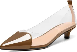 YODEKS Women Clear Heels Low Kitten Heel Pumps Slip On 1.5 Inch Pointed Cap Toe Dress Shoes