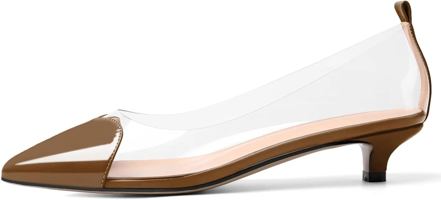 YODEKS Women Clear Heels Low Kitten Heel Pumps Slip On 1.5 Inch Pointed Cap Toe Dress Shoes