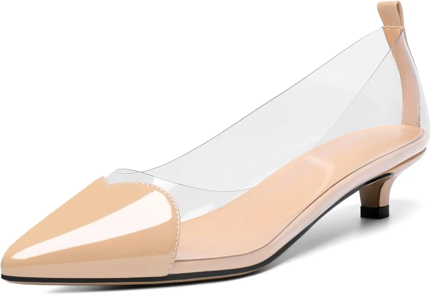 YODEKS Women Clear Heels Low Kitten Heel Pumps Slip On 1.5 Inch Pointed Cap Toe Dress Shoes