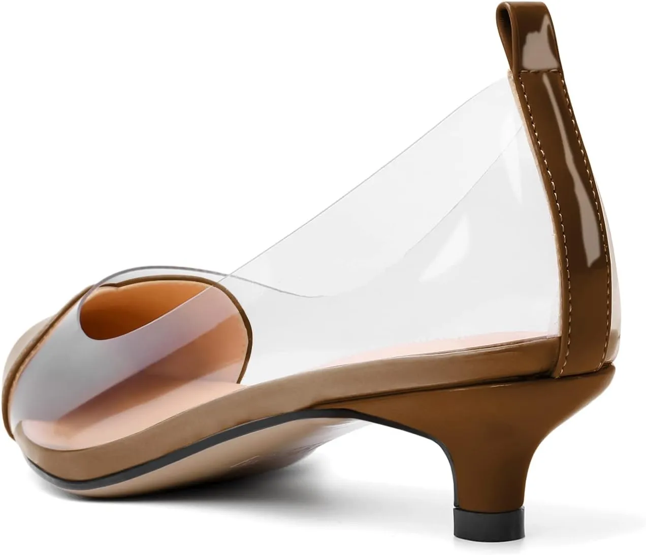 YODEKS Women Clear Heels Low Kitten Heel Pumps Slip On 1.5 Inch Pointed Cap Toe Dress Shoes