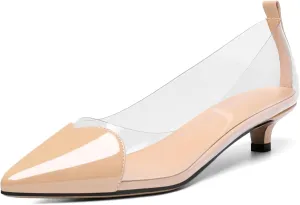 YODEKS Women Clear Heels Low Kitten Heel Pumps Slip On 1.5 Inch Pointed Cap Toe Dress Shoes