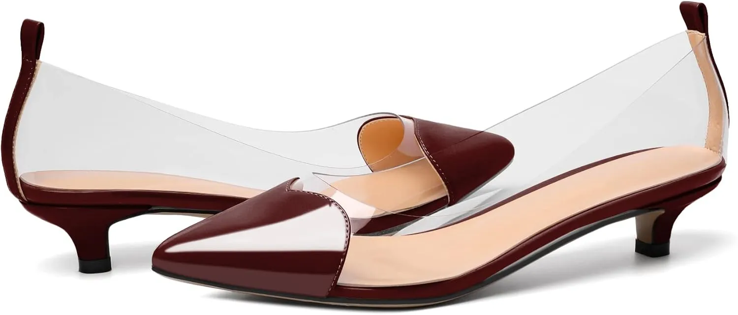 YODEKS Women Clear Heels Low Kitten Heel Pumps Slip On 1.5 Inch Pointed Cap Toe Dress Shoes