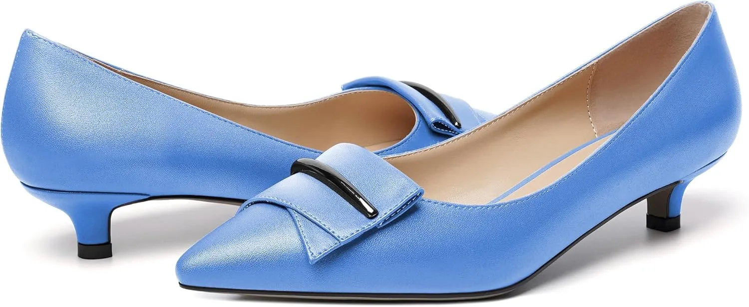 YODEKS Women Low Kitten Heel Pumps Pointed Toe Slip On 1.5 Inch Closed Toe Buckle Bow Comfort Shoes for Wedding Office Evening