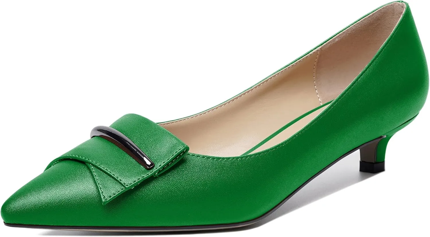 YODEKS Women Low Kitten Heel Pumps Pointed Toe Slip On 1.5 Inch Closed Toe Buckle Bow Comfort Shoes for Wedding Office Evening