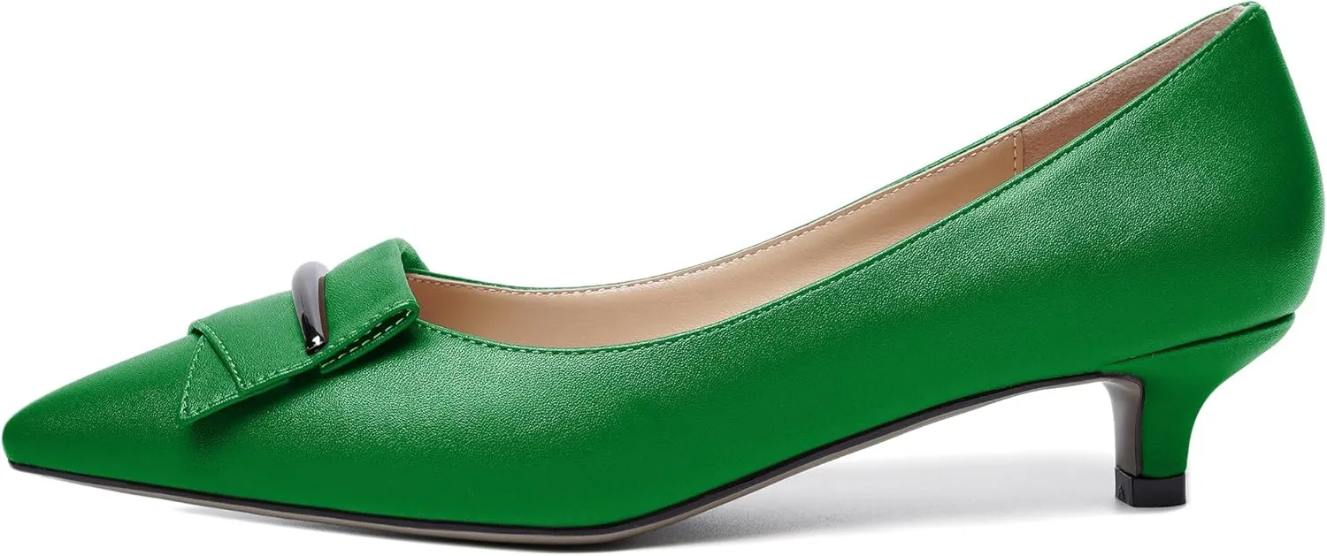 YODEKS Women Low Kitten Heel Pumps Pointed Toe Slip On 1.5 Inch Closed Toe Buckle Bow Comfort Shoes for Wedding Office Evening