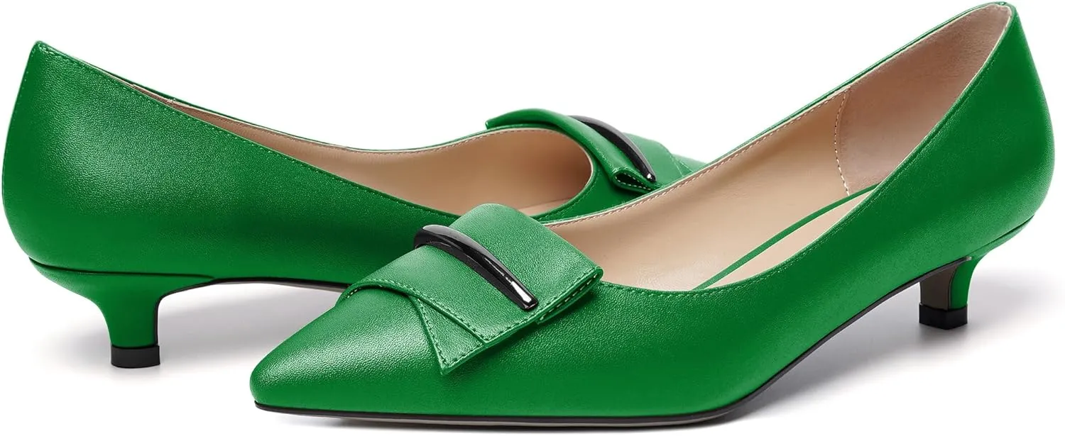 YODEKS Women Low Kitten Heel Pumps Pointed Toe Slip On 1.5 Inch Closed Toe Buckle Bow Comfort Shoes for Wedding Office Evening