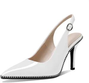 Zamikoo Women Beaded Pumps High Heel Slingback Pointed Toe Slip On 3.5 Inch Stilettos Ankle Strap Adjustable Buckle Patent Leather US Size 5 -Size 13