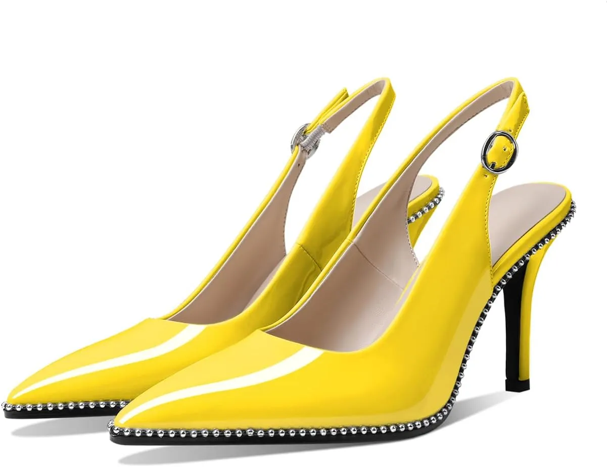 Zamikoo Women Beaded Pumps High Heel Slingback Pointed Toe Slip On 3.5 Inch Stilettos Ankle Strap Adjustable Buckle Patent Leather US Size 5 -Size 13