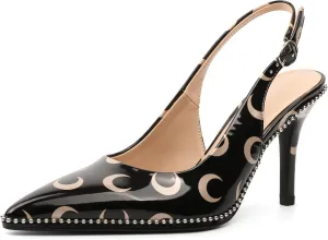 Zamikoo Women Beaded Pumps High Heel Slingback Pointed Toe Slip On 3.5 Inch Stilettos Ankle Strap Adjustable Buckle Patent Leather US Size 5 -Size 13