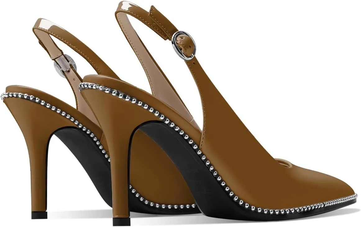 Zamikoo Women Beaded Pumps High Heel Slingback Pointed Toe Slip On 3.5 Inch Stilettos Ankle Strap Adjustable Buckle Patent Leather US Size 5 -Size 13