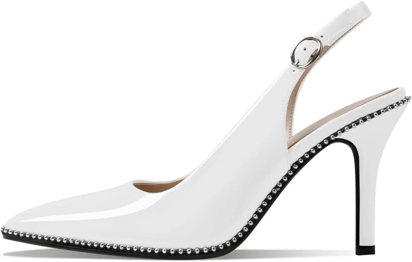 Zamikoo Women Beaded Pumps High Heel Slingback Pointed Toe Slip On 3.5 Inch Stilettos Ankle Strap Adjustable Buckle Patent Leather US Size 5 -Size 13