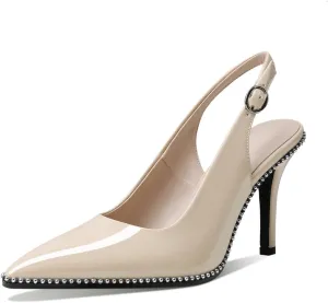 Zamikoo Women Beaded Pumps High Heel Slingback Pointed Toe Slip On 3.5 Inch Stilettos Ankle Strap Adjustable Buckle Patent Leather US Size 5 -Size 13