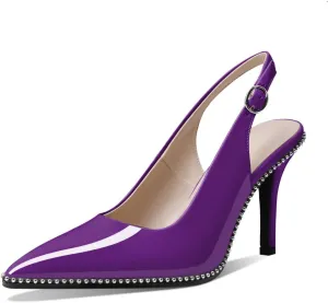 Zamikoo Women Beaded Pumps High Heel Slingback Pointed Toe Slip On 3.5 Inch Stilettos Ankle Strap Adjustable Buckle Patent Leather US Size 5 -Size 13