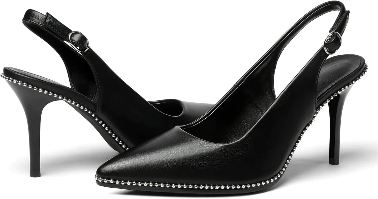 Zamikoo Women Beaded Pumps High Heel Slingback Pointed Toe Slip On 3.5 Inch Stilettos Ankle Strap Adjustable Buckle Patent Leather US Size 5 -Size 13