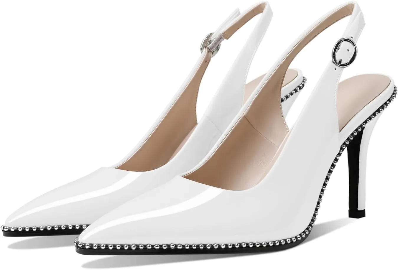 Zamikoo Women Beaded Pumps High Heel Slingback Pointed Toe Slip On 3.5 Inch Stilettos Ankle Strap Adjustable Buckle Patent Leather US Size 5 -Size 13