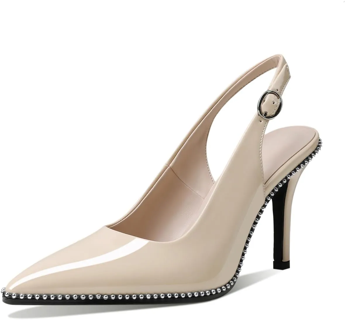 Zamikoo Women Beaded Pumps High Heel Slingback Pointed Toe Slip On 3.5 Inch Stilettos Ankle Strap Adjustable Buckle Patent Leather US Size 5 -Size 13