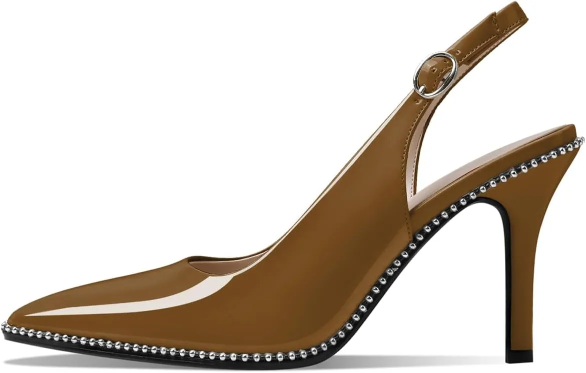 Zamikoo Women Beaded Pumps High Heel Slingback Pointed Toe Slip On 3.5 Inch Stilettos Ankle Strap Adjustable Buckle Patent Leather US Size 5 -Size 13