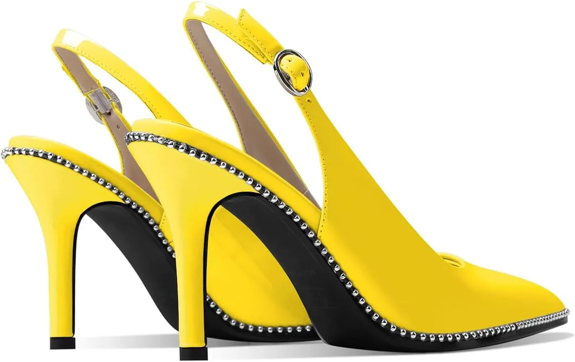 Zamikoo Women Beaded Pumps High Heel Slingback Pointed Toe Slip On 3.5 Inch Stilettos Ankle Strap Adjustable Buckle Patent Leather US Size 5 -Size 13