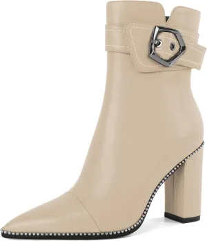 Zamikoo Womens Boots Ankle Chunky Heel Pointed Toe Beaded High Heeled Fall Short Booties