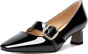 Zamikoo Women's Square Toe Kitten Heel Pumps Slip On Low Heels with Buckle Strap 2 Inches Heeled Pumps Shoes for Office Wedding Dress Comfortable