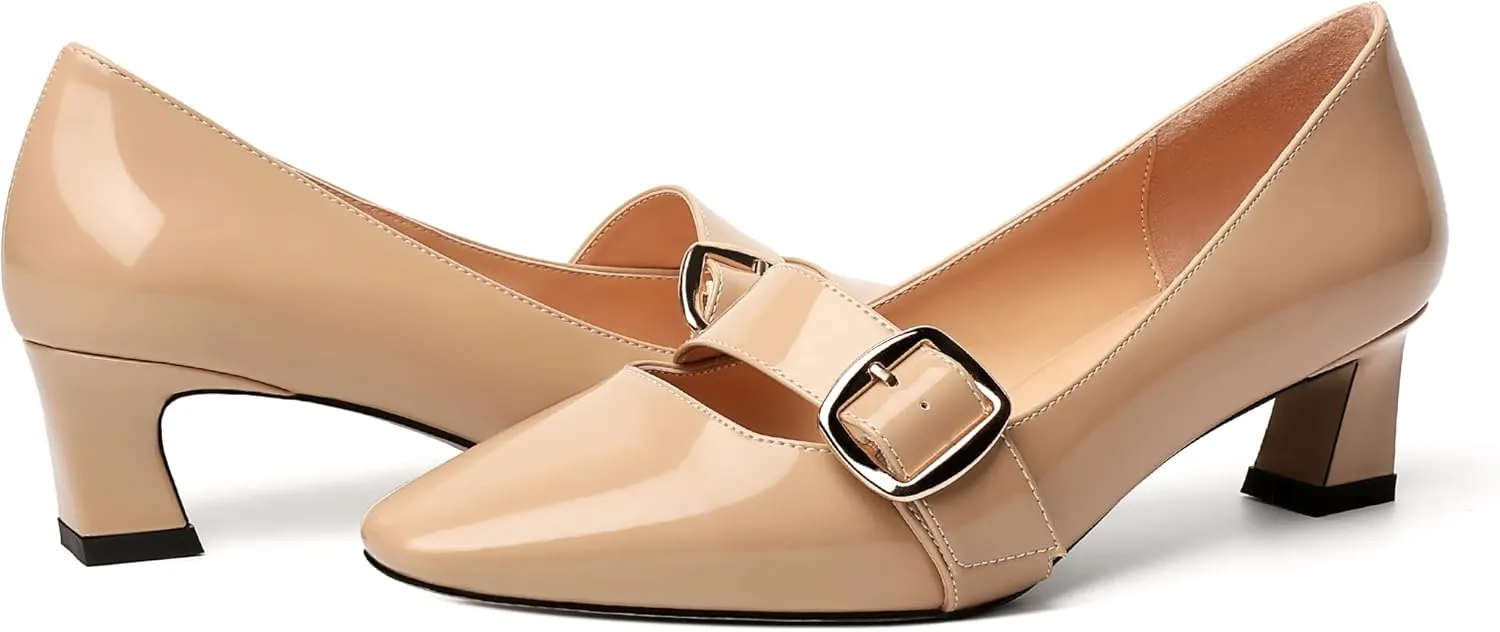 Zamikoo Women's Square Toe Kitten Heel Pumps Slip On Low Heels with Buckle Strap 2 Inches Heeled Pumps Shoes for Office Wedding Dress Comfortable