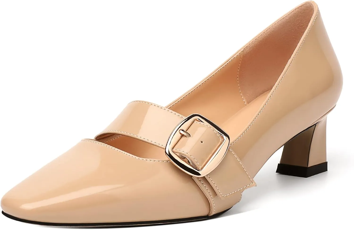 Zamikoo Women's Square Toe Kitten Heel Pumps Slip On Low Heels with Buckle Strap 2 Inches Heeled Pumps Shoes for Office Wedding Dress Comfortable
