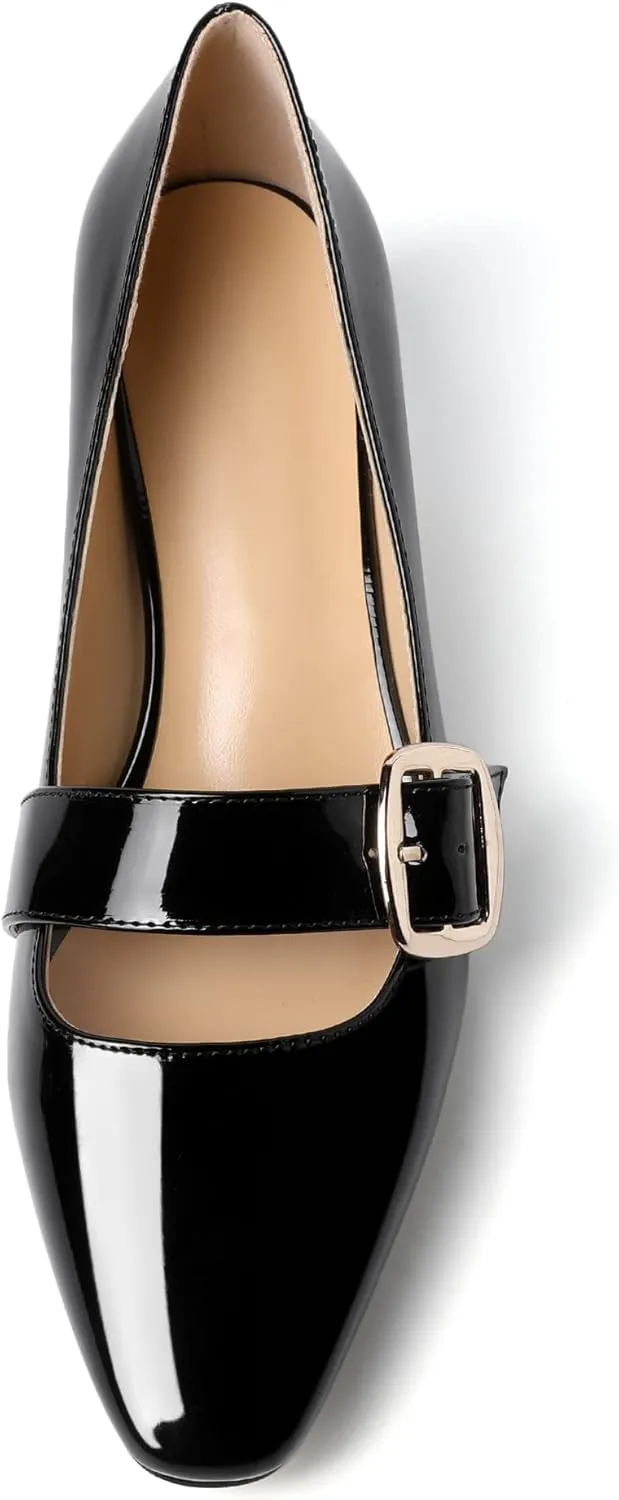 Zamikoo Women's Square Toe Kitten Heel Pumps Slip On Low Heels with Buckle Strap 2 Inches Heeled Pumps Shoes for Office Wedding Dress Comfortable