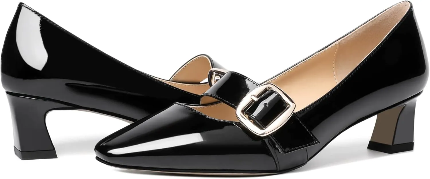Zamikoo Women's Square Toe Kitten Heel Pumps Slip On Low Heels with Buckle Strap 2 Inches Heeled Pumps Shoes for Office Wedding Dress Comfortable