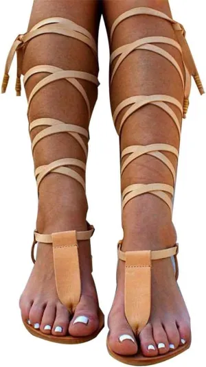 ZBYY Women Gladiator Beach Sandals T-Strap Flat Strappy Knee High Crisscross Shoes Open Toe Lace Up Flip Flops Sandals