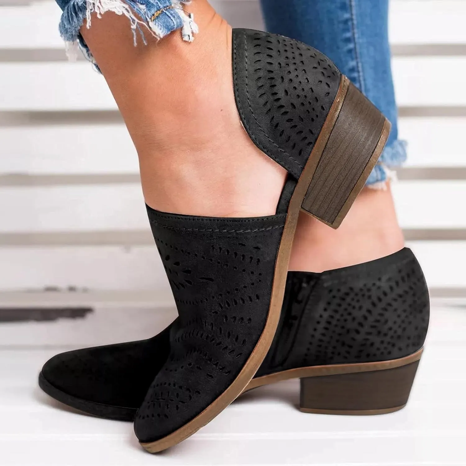 ZBYY Women's Ankle Boots Low Heels Chunky Cutout Booties Closed Toe Perforated V Cut Western Shoes Slip-on Short Boots