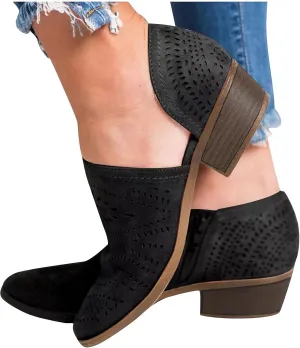 ZBYY Women's Ankle Boots Low Heels Chunky Cutout Booties Closed Toe Perforated V Cut Western Shoes Slip-on Short Boots