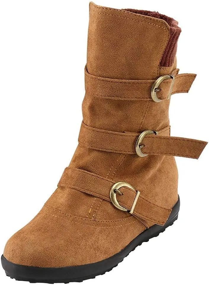 ZBYY Women's Flat Heel Calf Boots Side Zipper Slouch Wide Calf Ankle Booties Fashion Round Toe Buckle Winter Booties
