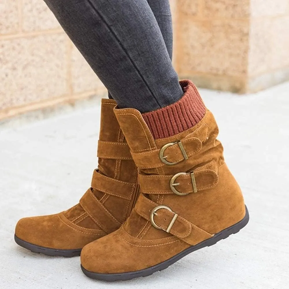 ZBYY Women's Flat Heel Calf Boots Side Zipper Slouch Wide Calf Ankle Booties Fashion Round Toe Buckle Winter Booties