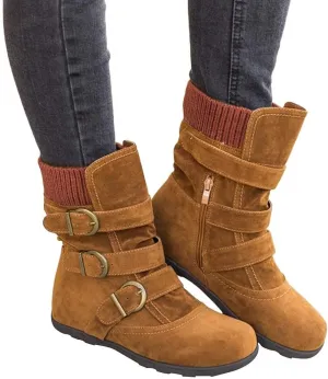 ZBYY Women's Flat Heel Calf Boots Side Zipper Slouch Wide Calf Ankle Booties Fashion Round Toe Buckle Winter Booties