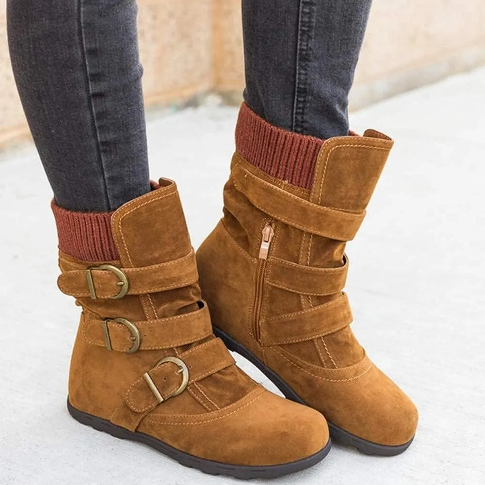 ZBYY Women's Flat Heel Calf Boots Side Zipper Slouch Wide Calf Ankle Booties Fashion Round Toe Buckle Winter Booties